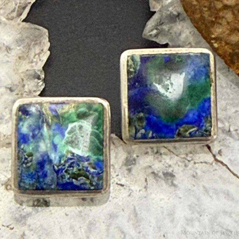 Vintage Sterling Silver Square Azurite Malachite Stud Earrings For Women